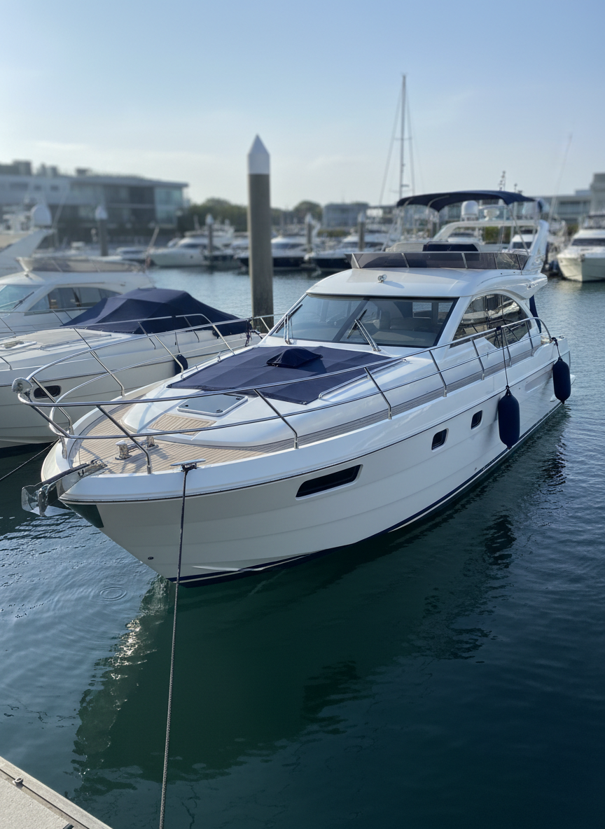 A gleaming, modern white motor yacht with polished chrome railings, glossy teak decking, and deep blue hull moored at a serene marina. Details such as crisp navy canvas covers and reflective windows accentuate luxury and style. The vessel is surrounded by calm, crystal-clear water, with gentle ripples reflecting soft morning sunlight. In the background, blurred outlines of other boats and minimalist dock structures provide context. Captured from a slightly elevated, three-quarter angle, highlighting the yacht's sleek lines. The mood is calm and aspirational, with a clean, contemporary aesthetic suited for a premium boat retailer.
